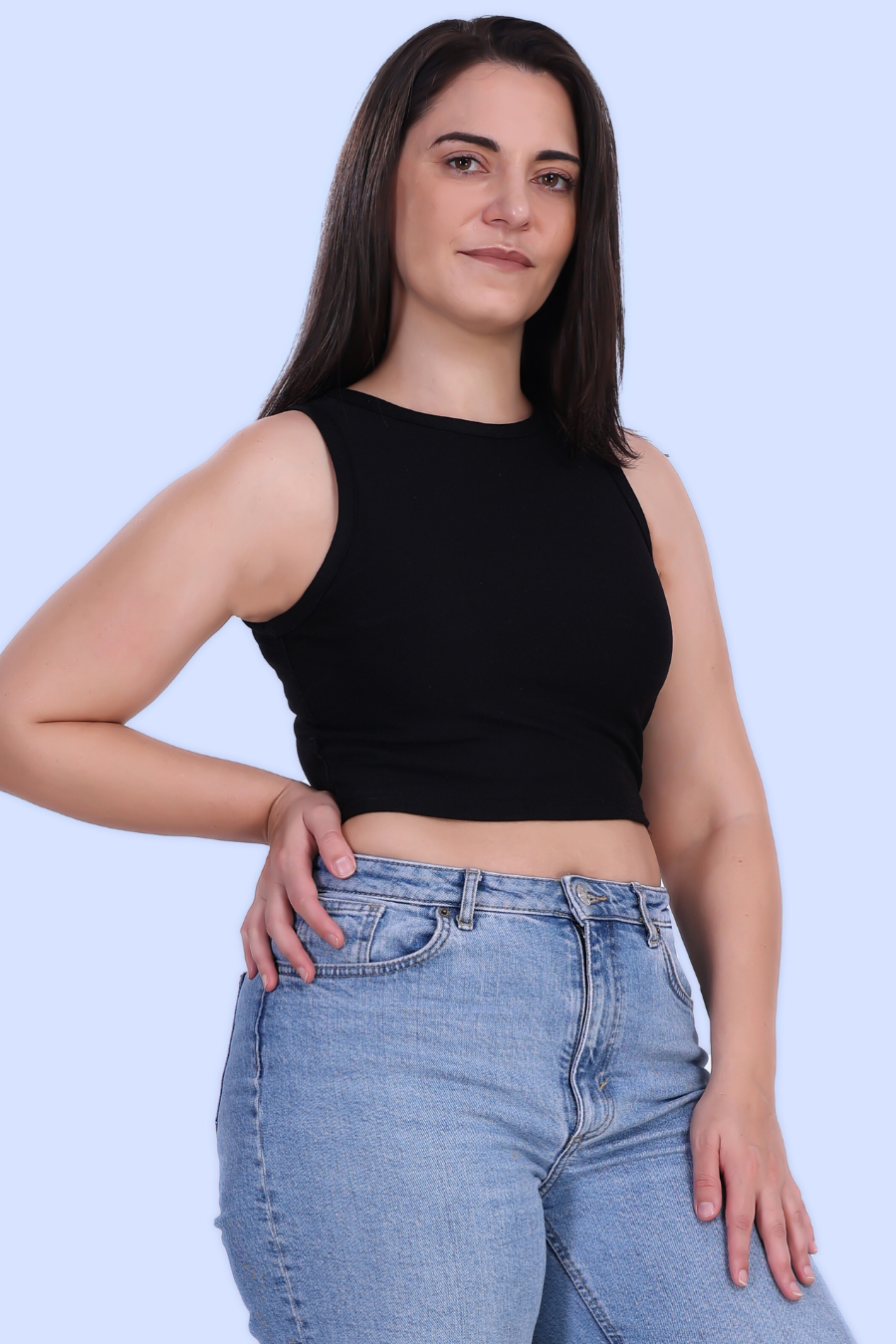 Side view of model wearing Tank top sewing pattern pieces on white background, ideal for women and girls who love sustainable fashion