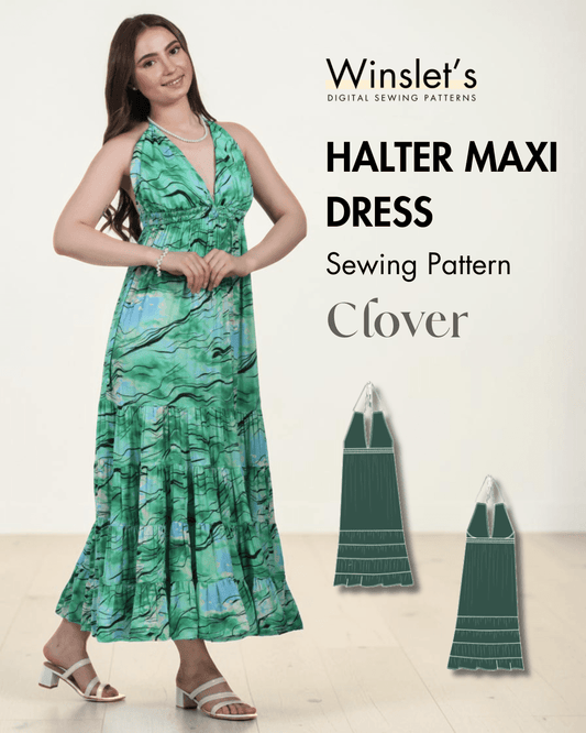 Women's green tie-dye halter maxi dress with tiered skirt and backless design, sewing pattern