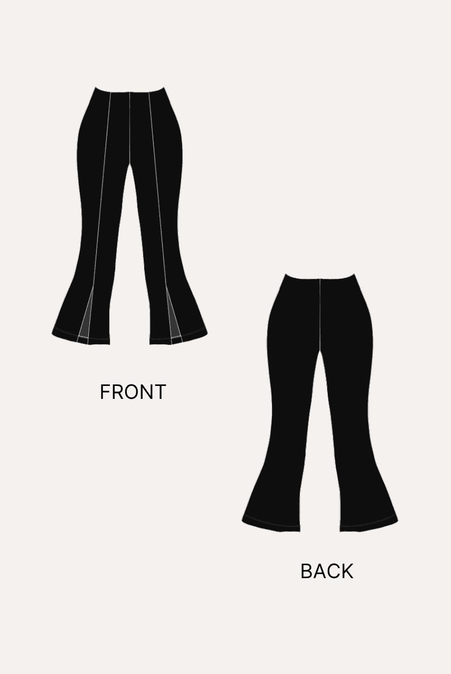 Black bell bottom pants sewing pattern illustration with front and back views