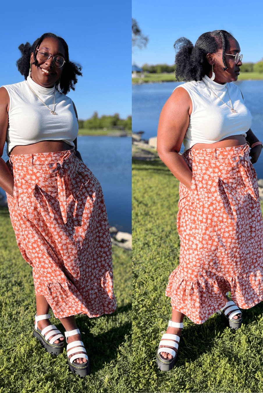 Plus-size model wearing handmade cottagecore maxi skirt with floral print, tiered hem, and pockets using the 'Maple' sewing pattern.