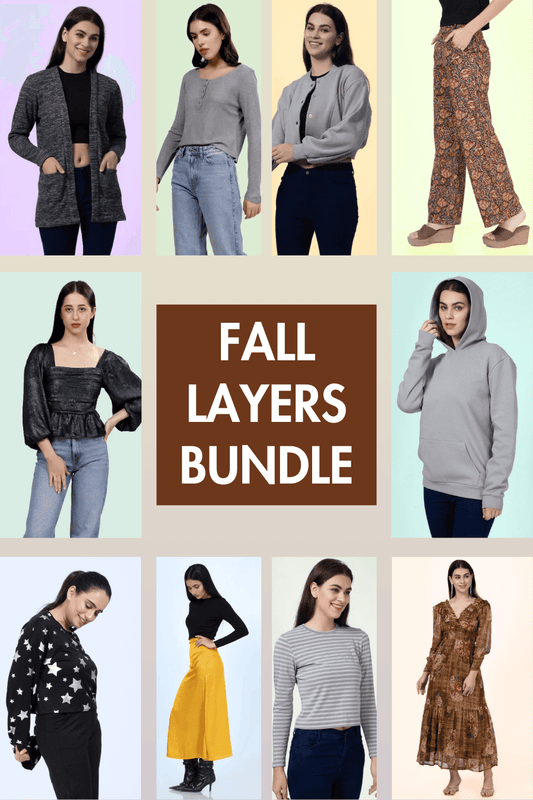 Fall Layers Bundle: 10 Essential Patterns for Your Fall Wardrobe showcasing models in various fall outfits including cardigans, hoodies, and skirts.