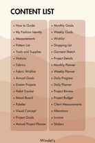 Comprehensive content list of the Sewing Project Planner. Covers project planning, goal setting, tracking, and business-friendly templates.