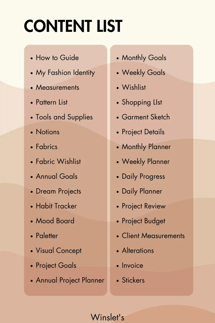 Comprehensive content list of the Sewing Project Planner. Covers project planning, goal setting, tracking, and business-friendly templates.