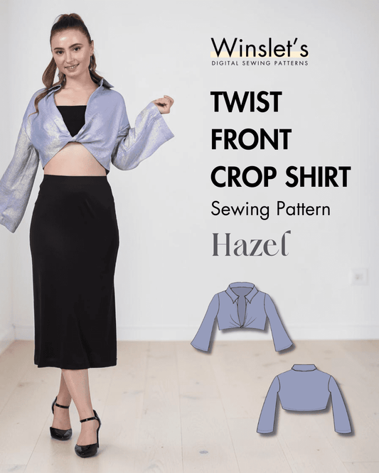 Model wearing blue twist front crop shirt with long bell sleeves and plunging neckline