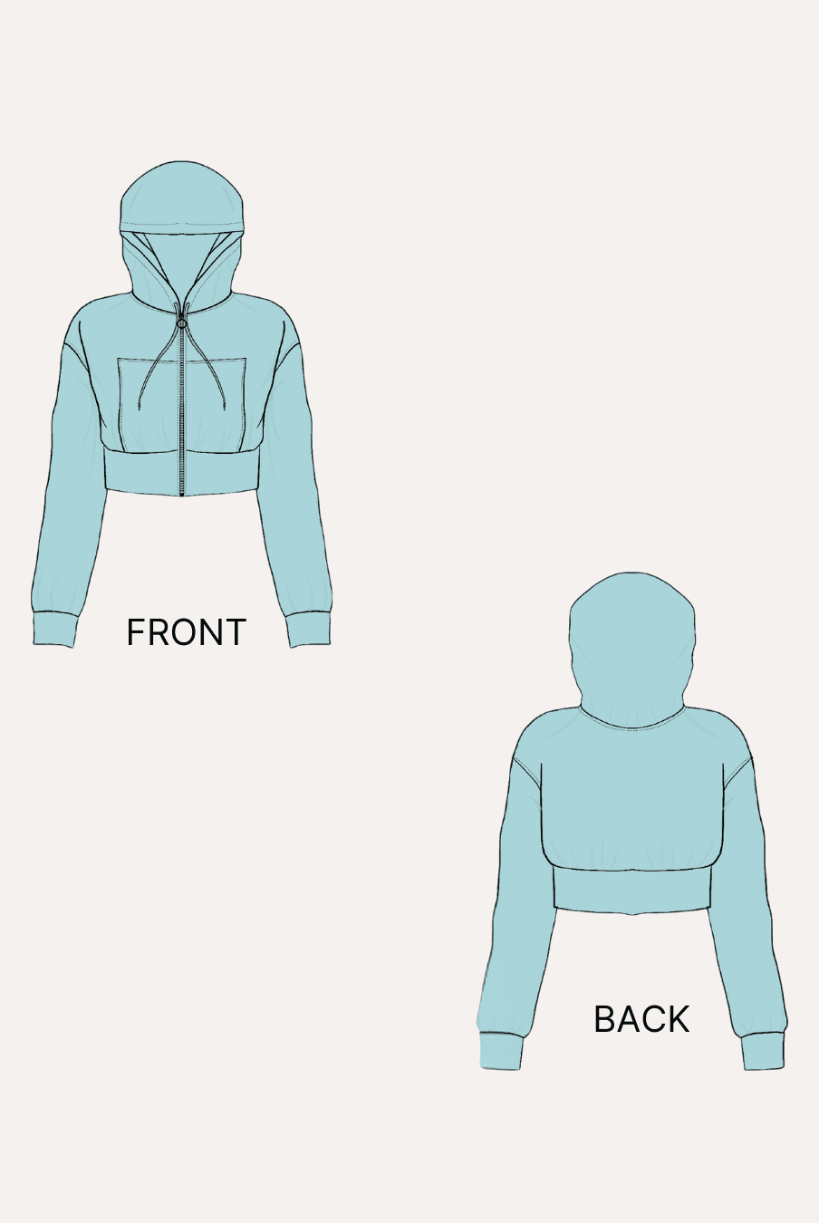 Technical drawing of hoodie pattern with front and back views