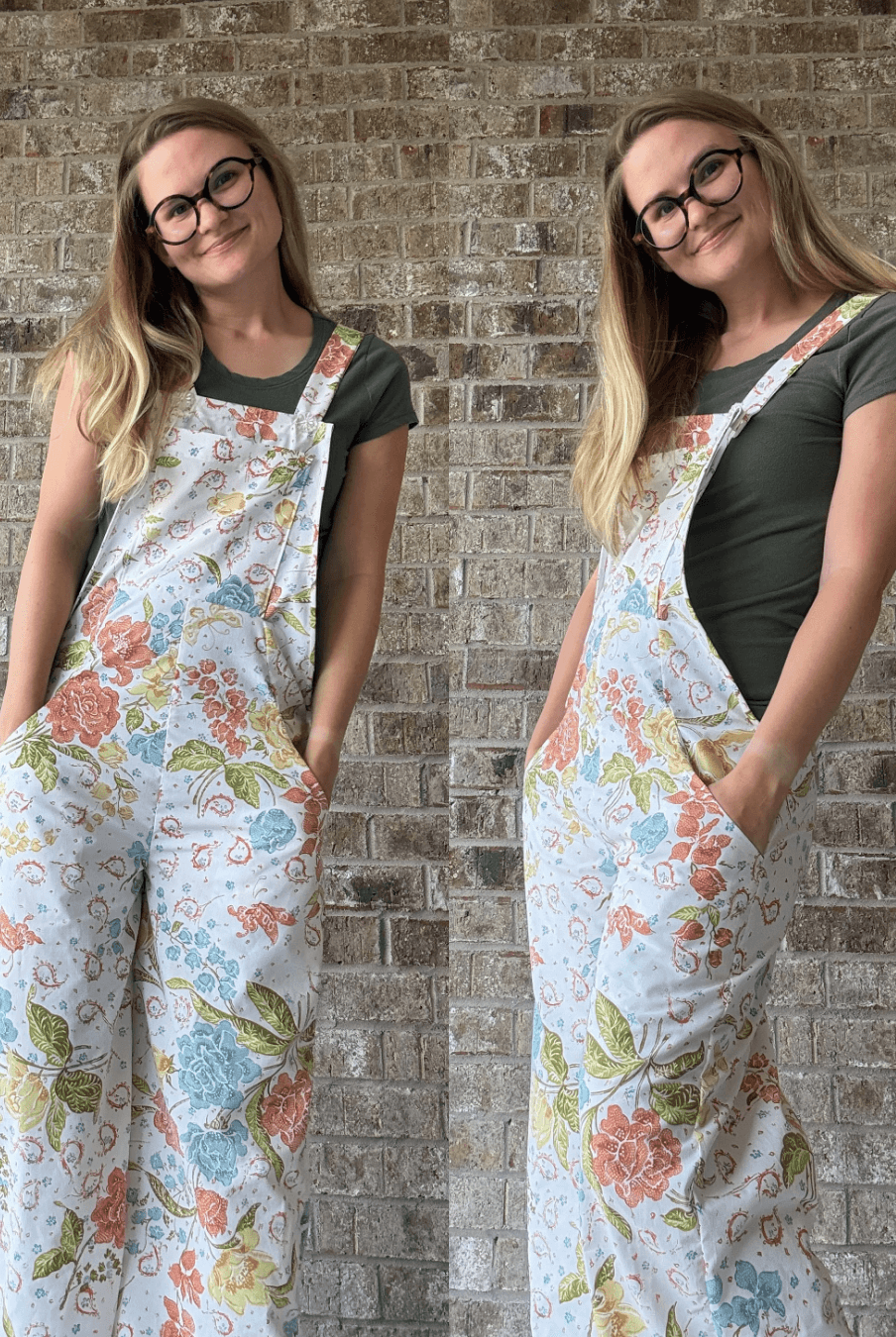 Women's romper sewing pattern 'Belle' styled in floral woven fabric with adjustable straps, chest bib, and relaxed wide-leg silhouette.