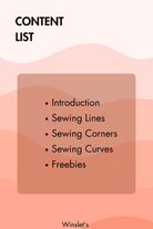 Content list of Sewing Practice Sheets, including introduction, sewing lines, corners, curves, and freebies. Designed for beginners.