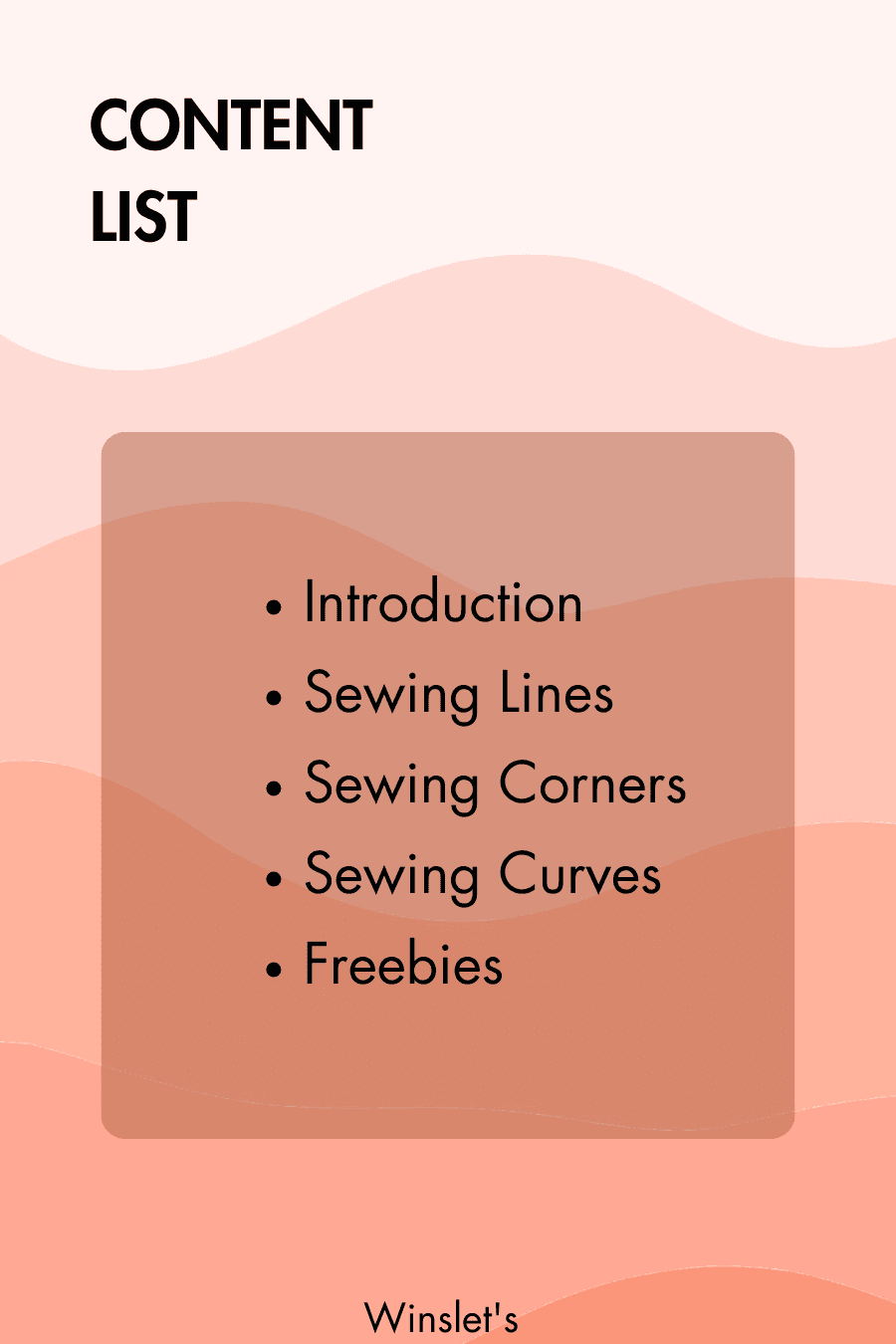 Content list of Sewing Practice Sheets, including introduction, sewing lines, corners, curves, and freebies. Designed for beginners.