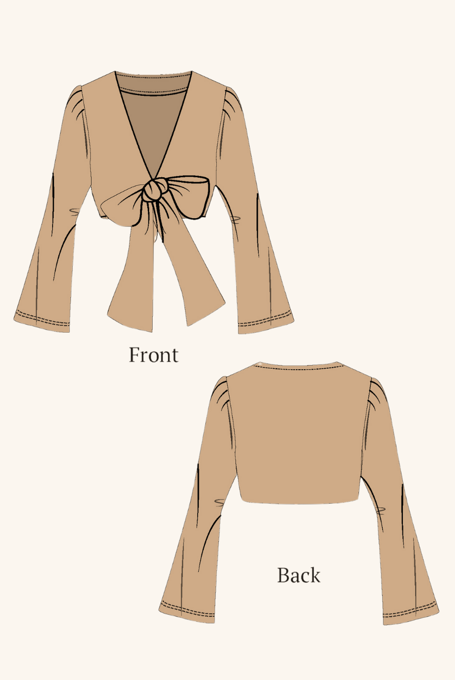 2d images of tie front crop top sewing pattern by winslet's 
