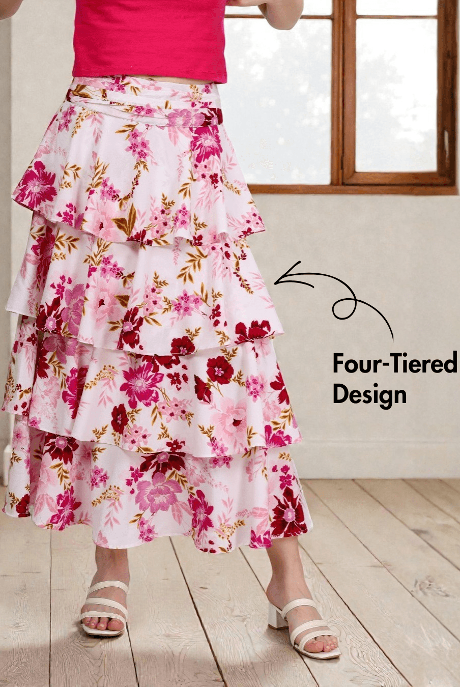 Close-up of the Ruffled Tiered Skirt Sewing Pattern 'Amy' showing the four-tiered floral design, perfect for creating a flowy handmade skirt.