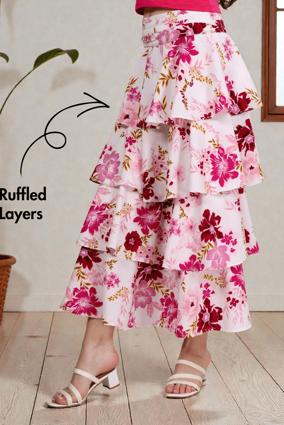 Side view of Ruffled Tiered Skirt Sewing Pattern 'Amy' highlighting cascading ruffled layers for a romantic and voluminous silhouette.