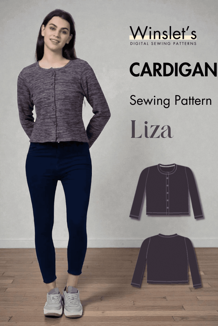Cardigan PDF women's sweater sewing pattern 'Liza' with long sleeves, round neck, and button-down front, ideal for fall and winter outerwear.