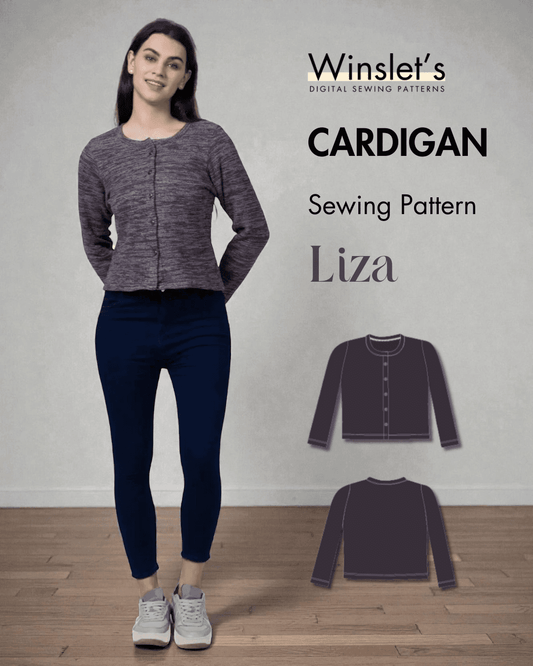 Cardigan PDF women's sweater sewing pattern 'Liza' with long sleeves, round neck, and button-down front, ideal for fall and winter outerwear.