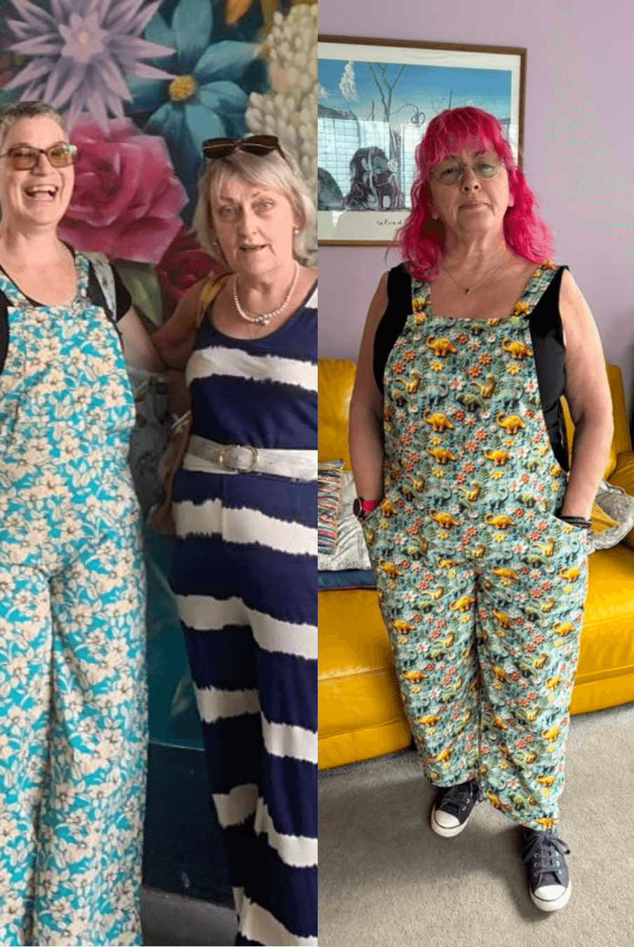 Two women wearing floral versions of the 'Belle' overalls jumpsuit, showcasing the versatility of the PDF sewing pattern in different woven fabrics.