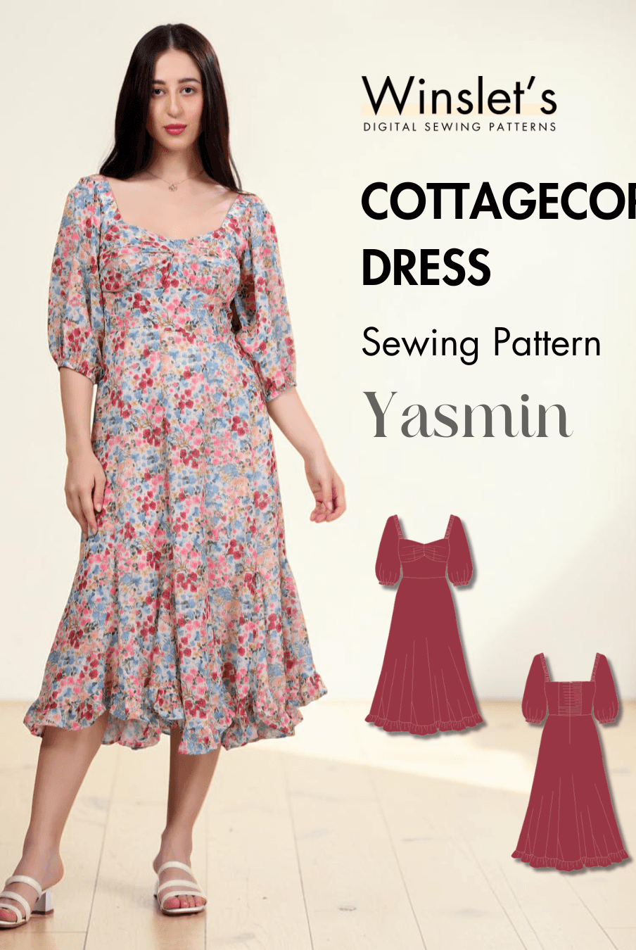Cottagecore dress sewing pattern Yasmin with puff sleeves and ruched front