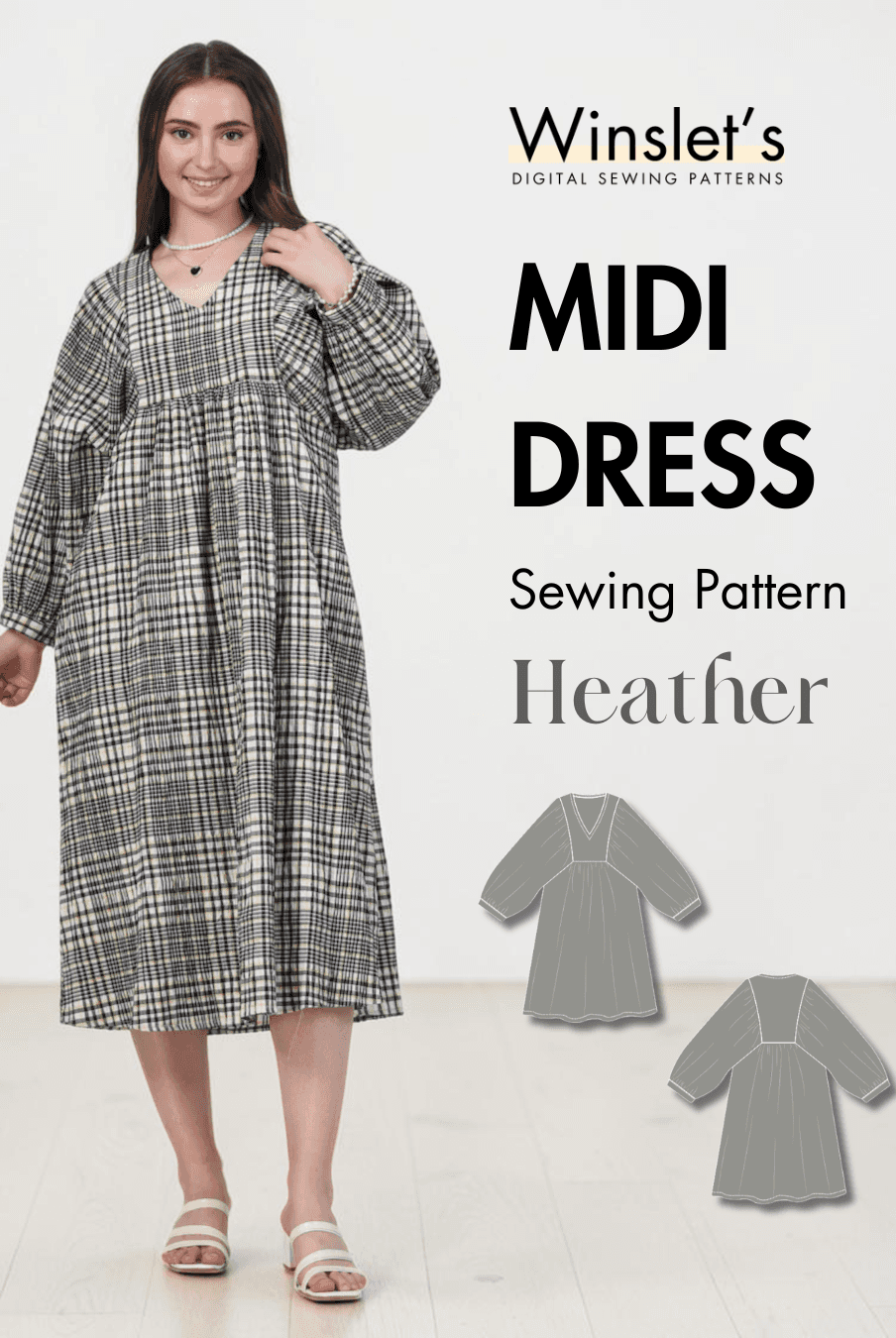 Women's long sleeve plaid midi dress with gathered waist and V-neck, sewing pattern for Heather