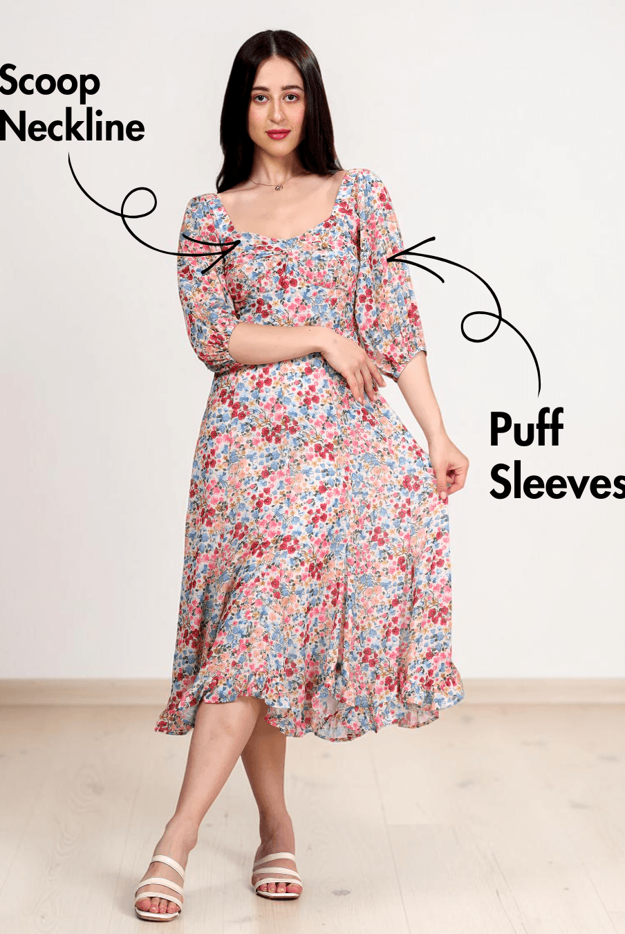 Model wearing Yasmin cottagecore dress with scoop neckline and flowy hem
