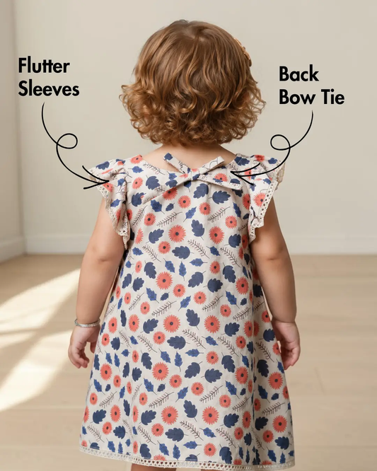 Back view of girl in floral A-line dress with flutter sleeves, round back neckline, and back bow tie, showing dress details for children