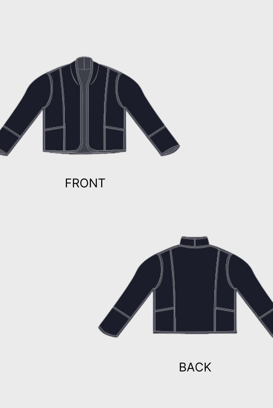 Technical flat sketch of Romy reversible jacket sewing pattern showing front and back views with long sleeves, round neckline, and contrast binding.