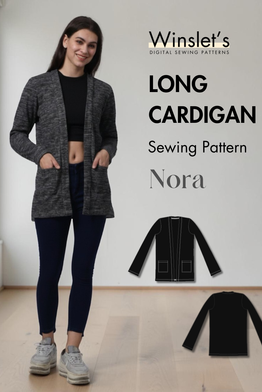 Long cardigan sewing pattern Nora PDF with front pockets and open front design