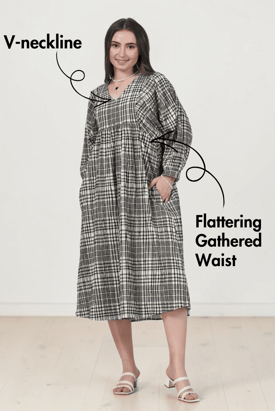 Plaid midi dress with flaring gathered waist and V-neck, sewing pattern for Heather