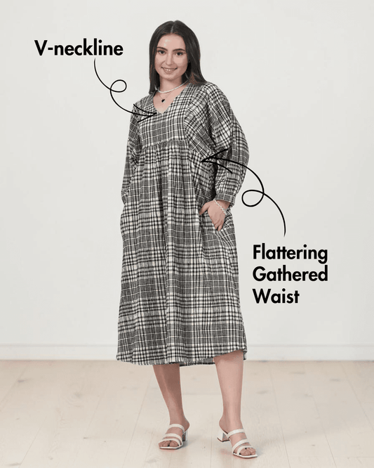 Plaid midi dress with flaring gathered waist and V-neck, sewing pattern for Heather