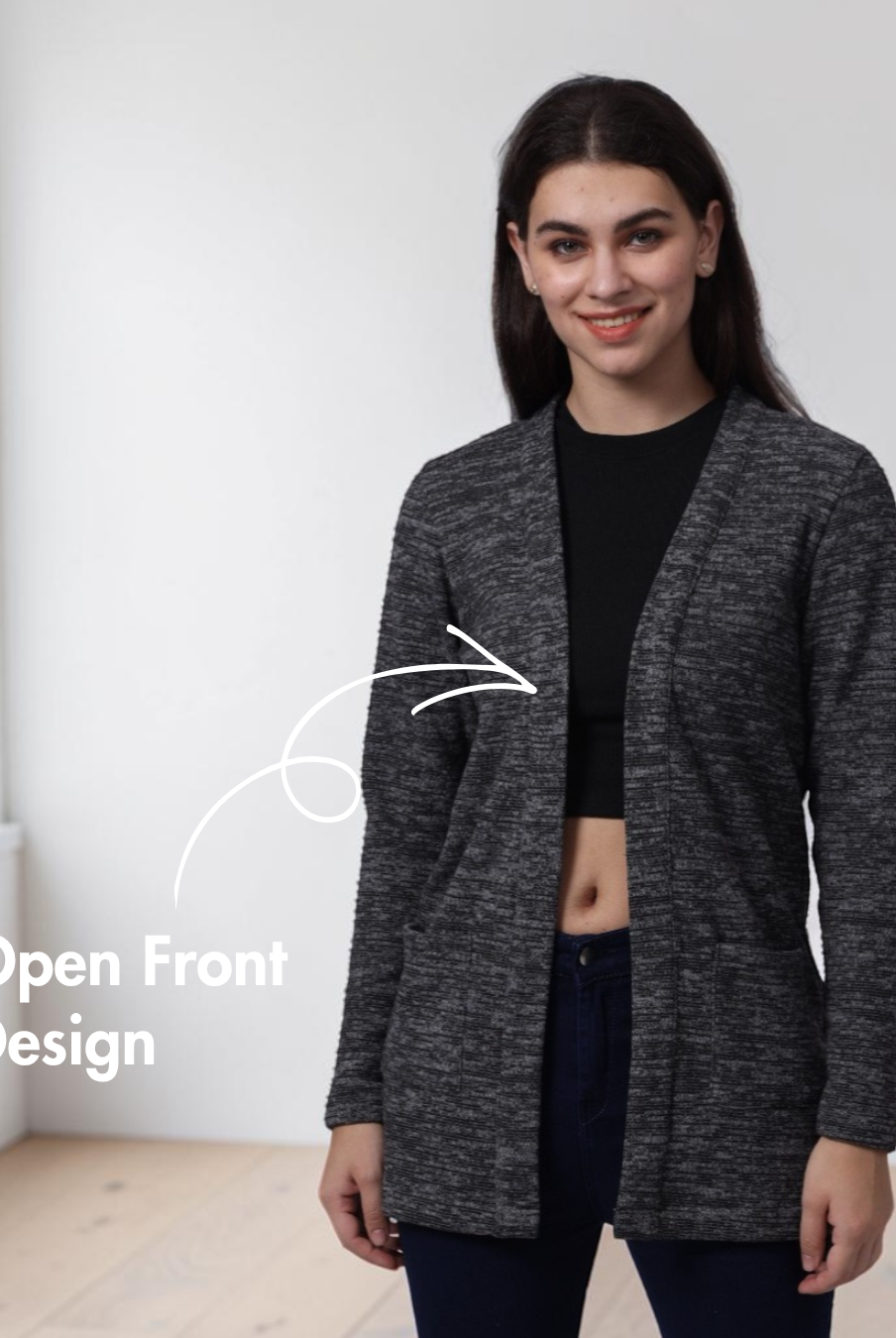 Model wearing long cardigan Nora sewing pattern with side pockets and relaxed fit