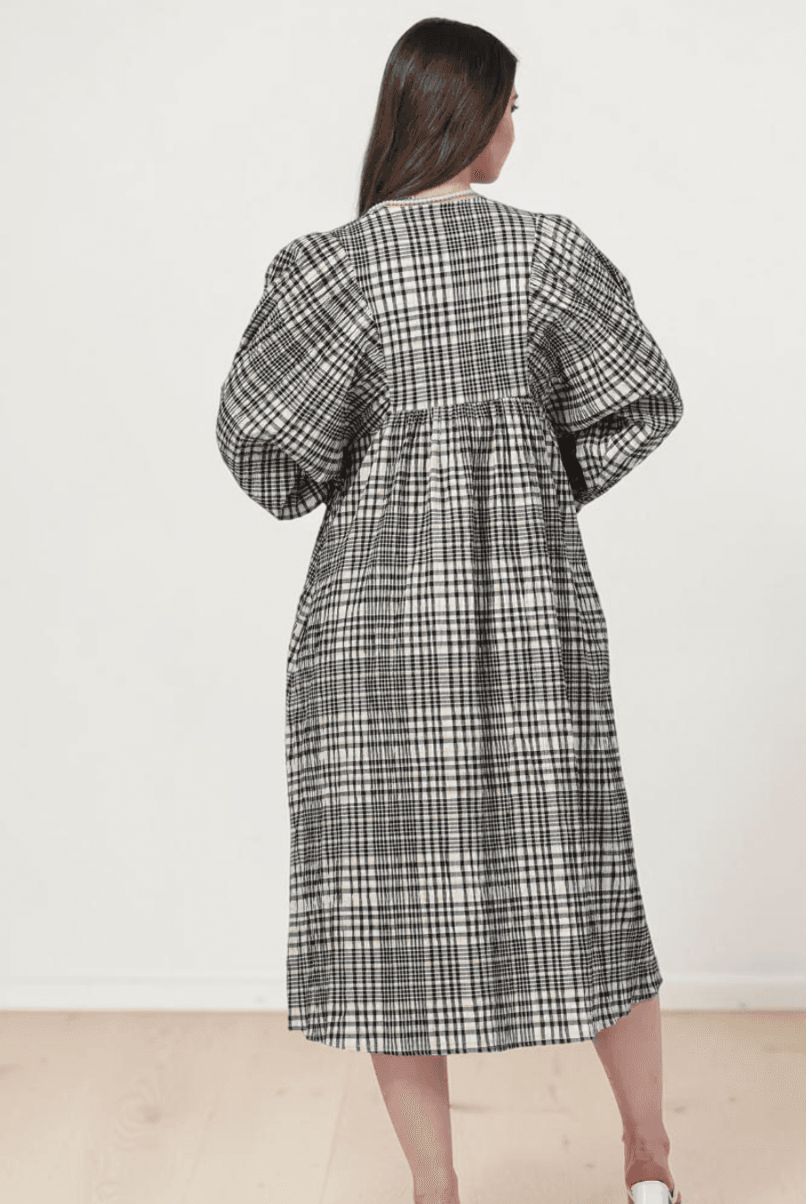Plaid midi dress with flaring gathered waist and V-neck, sewing pattern for Heather, back view