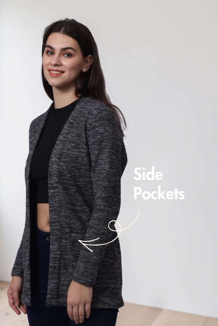 Close-up of pattern details for Nora long cardigan with relaxed fit and functional pockets
