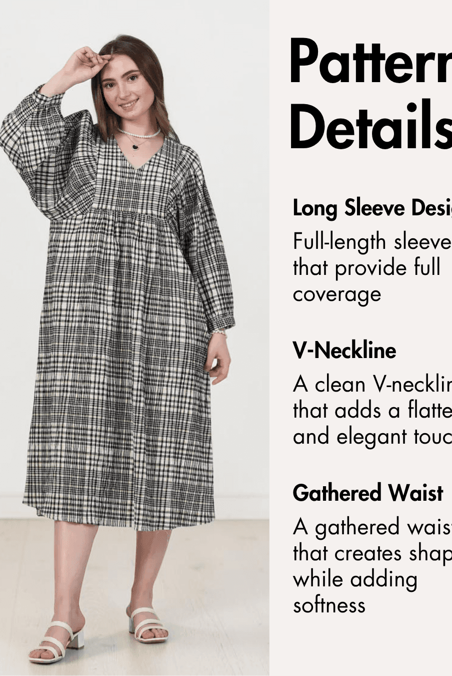 Long sleeve plaid dress with V-neck and gathered waist for sewing pattern Heather