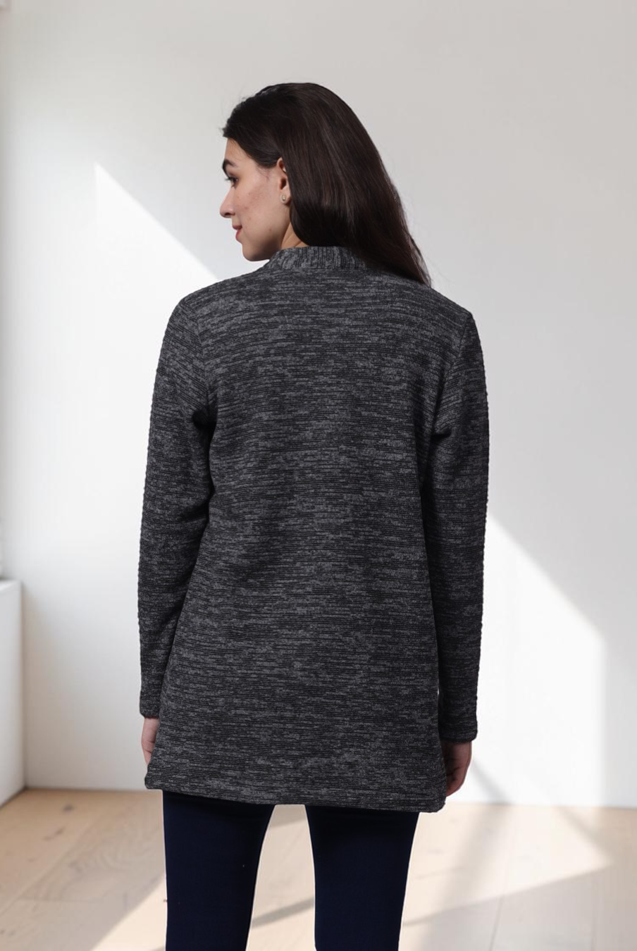 Back view of long cardigan Nora sewing pattern with open front and long sleeves
