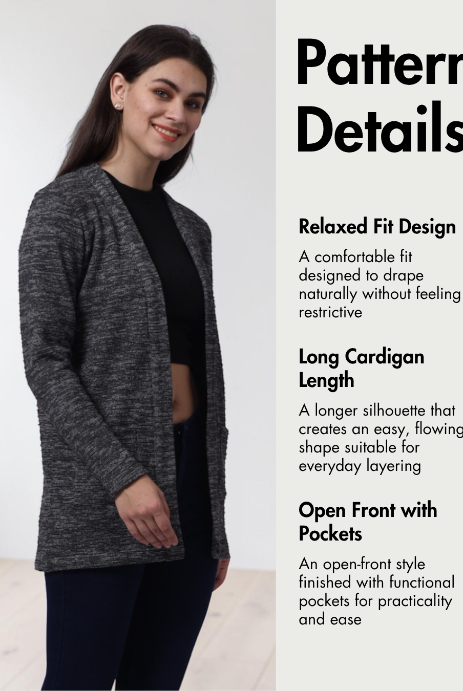 Long Cardigan Sewing Pattern Women's PDF Sweater 'Nora' with relaxed fit, open front, front pockets, long sleeves, suitable for winter and fall