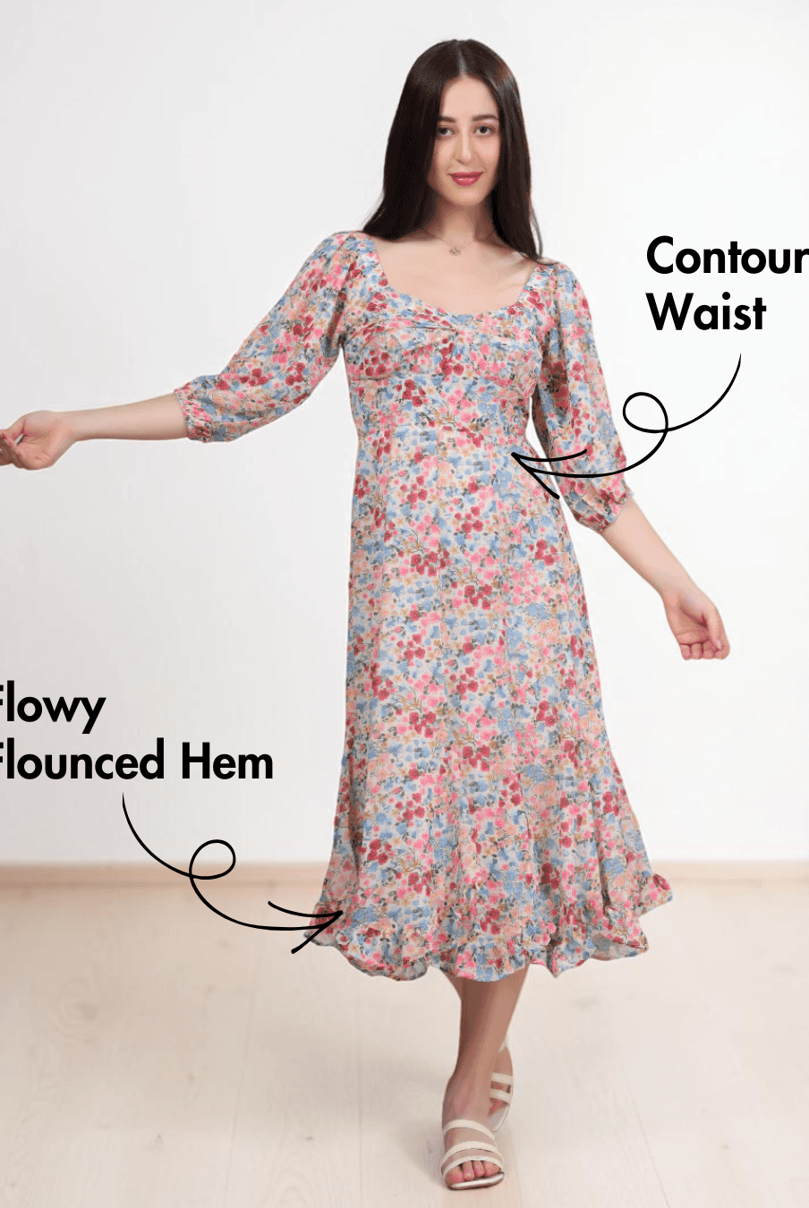 Model wearing Yasmin cottagecore dress with scoop neckline and flowy hem, front view