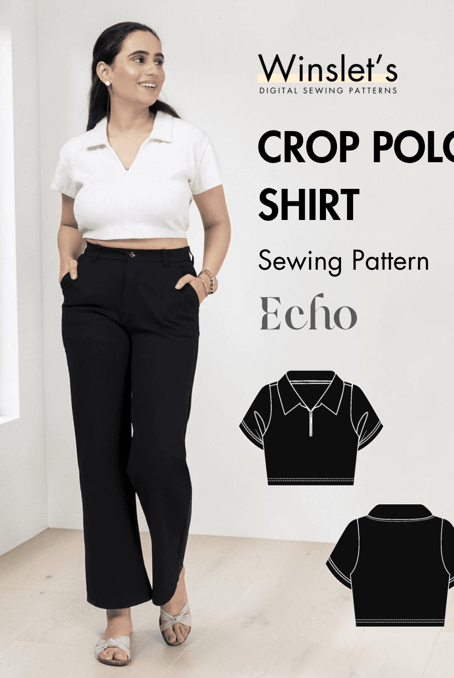 Women's crop polo shirt PDF sewing pattern with sharp collar and short sleeves
