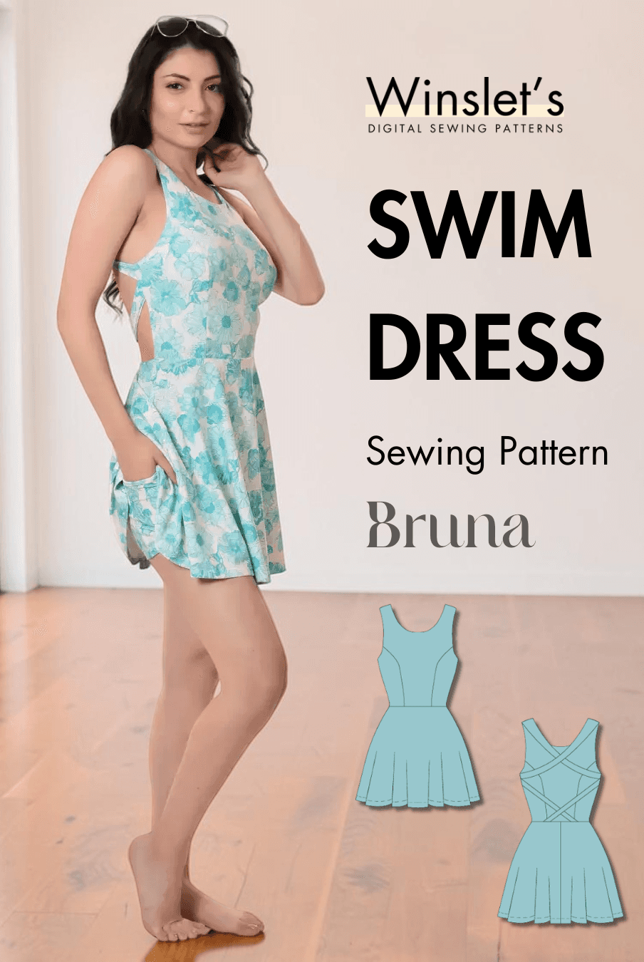 Swim dress sewing pattern 'Bruna' with sleeveless design and criss cross back