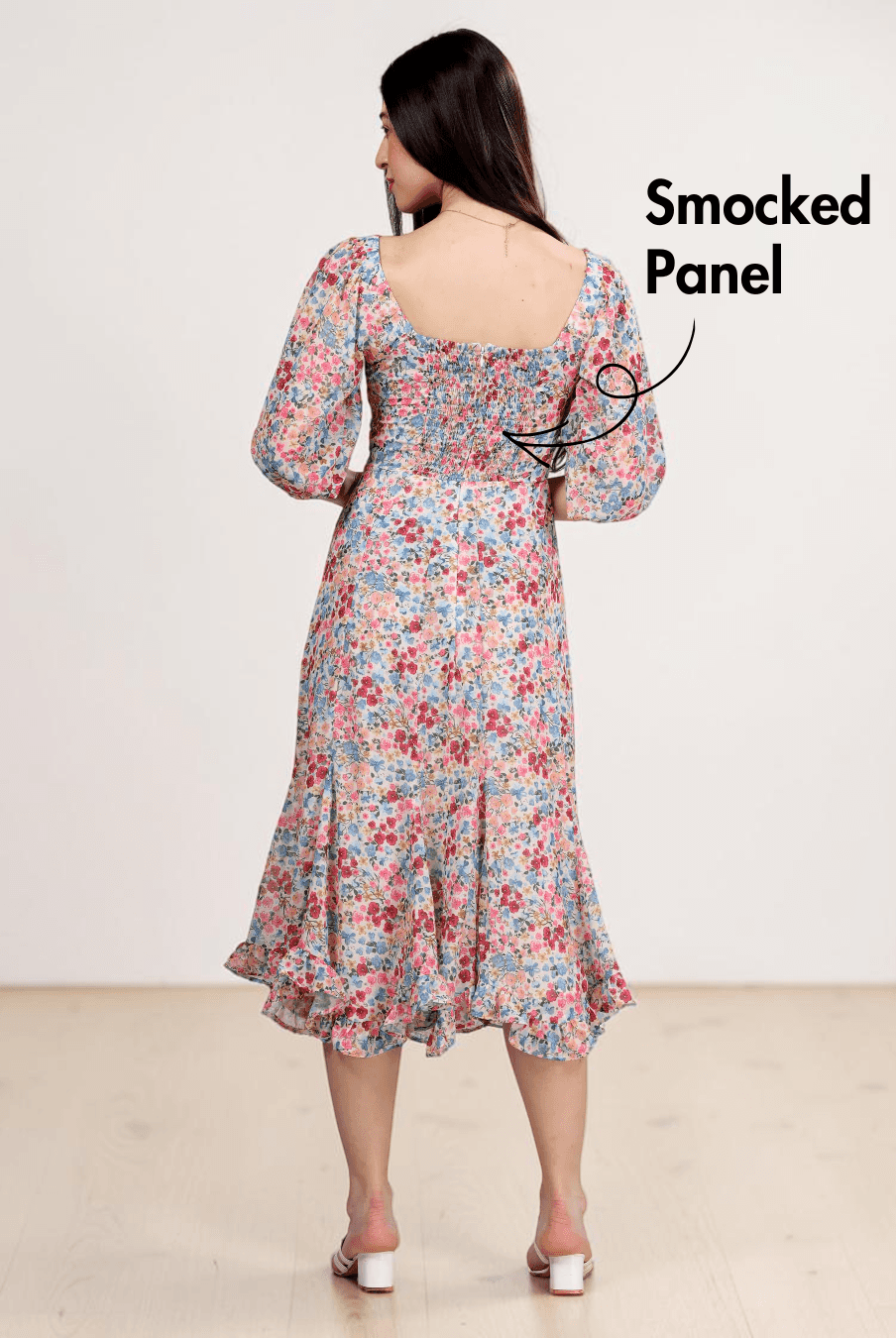 Back view of Yasmin cottagecore dress showing smocked panel and puff sleeves