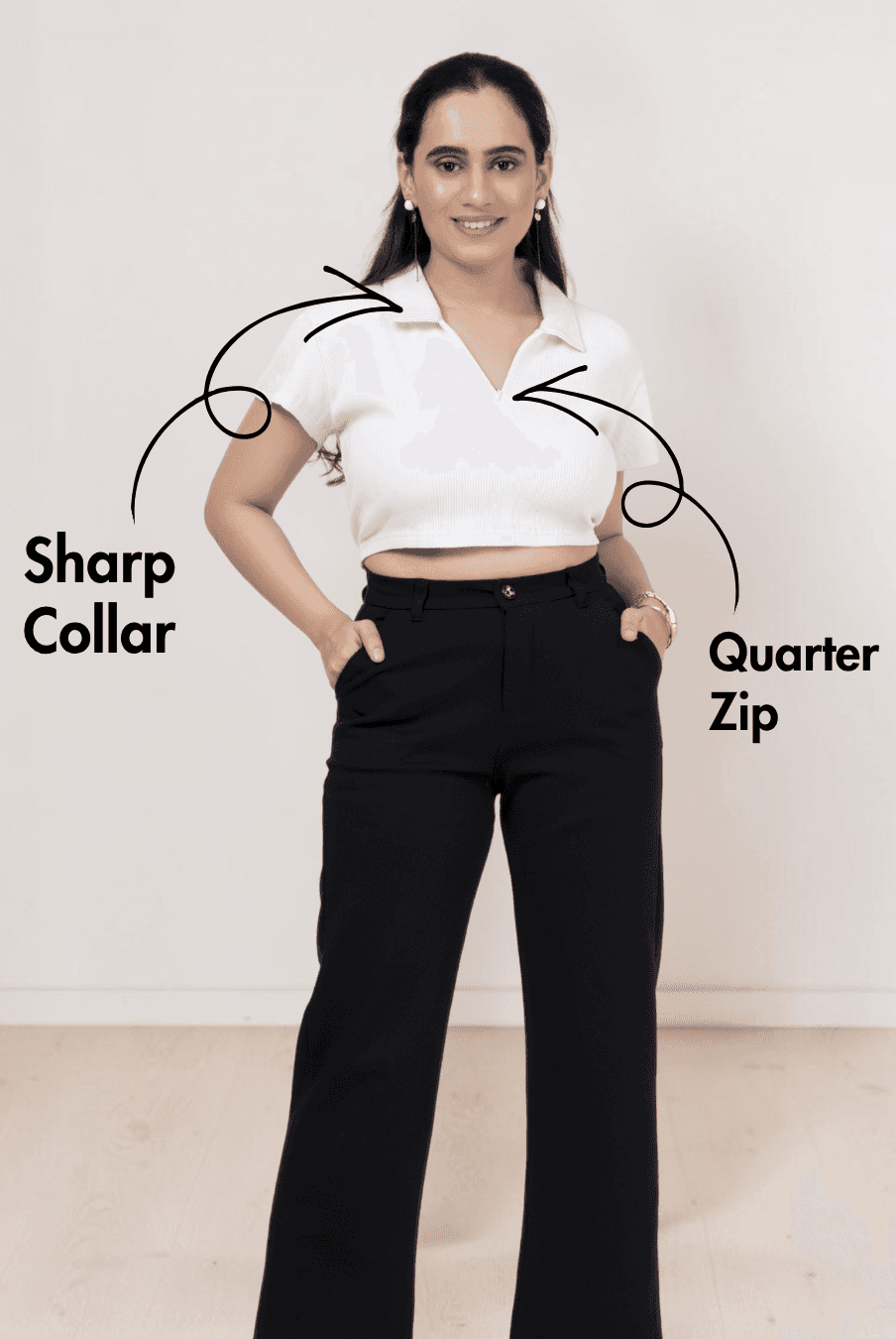 Back view of women's crop polo shirt with short sleeves and structured collar