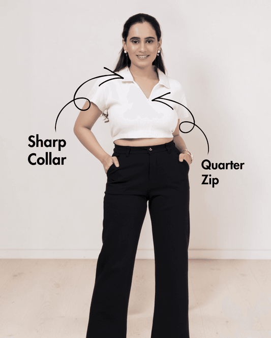 Back view of women's crop polo shirt with short sleeves and structured collar