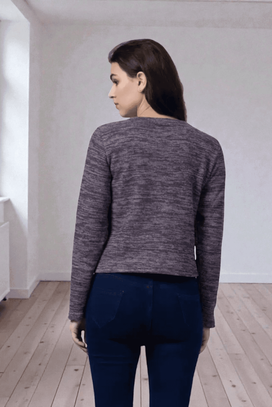 Back view of the 'Liza' cardigan sewing pattern showing fitted silhouette and long sleeves, suitable for knit fabrics.