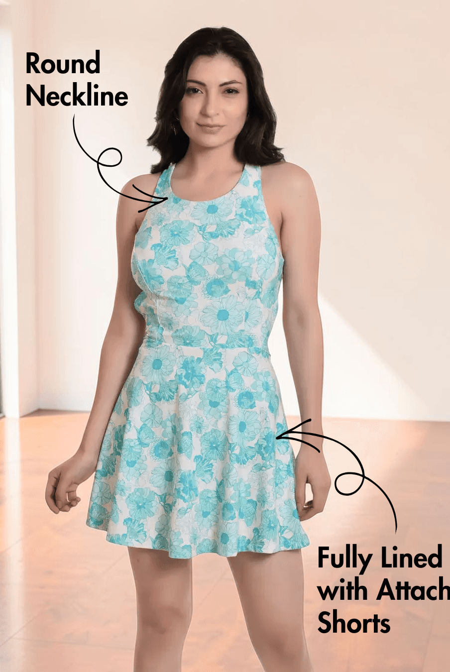 Women's swimwear dress with attached shorts and practical pockets