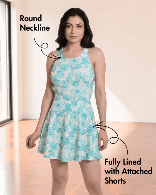 Women's swimwear dress with attached shorts and practical pockets