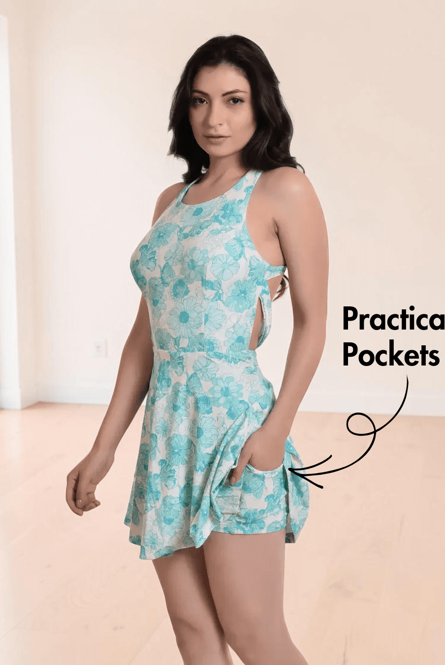 Side view of swim dress with crisscross back design