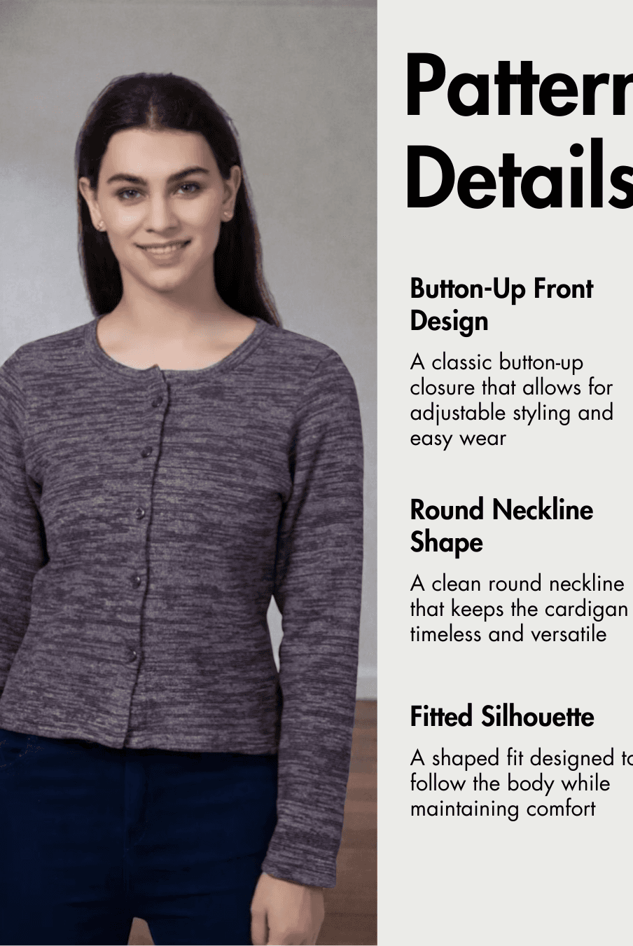 Pattern details for 'Liza' cardigan PDF sewing pattern highlighting button-up front, round neckline, and fitted silhouette.