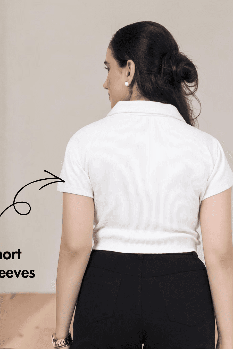 Pattern details for crop polo shirt with quarter zip, sharp collar, and short sleeves