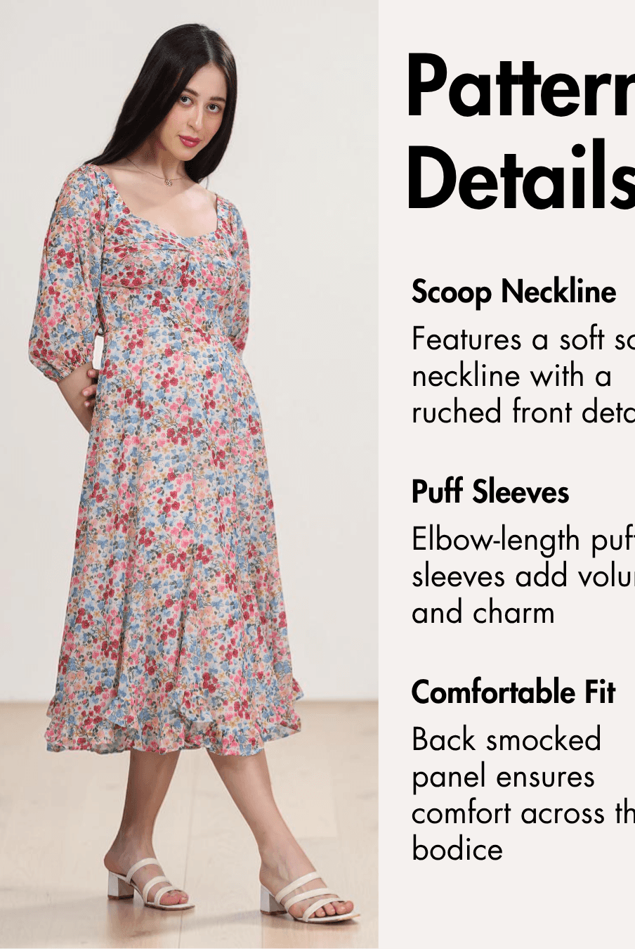 Pattern details of Yasmin dress with scoop neckline, puff sleeves, and smocked back panel