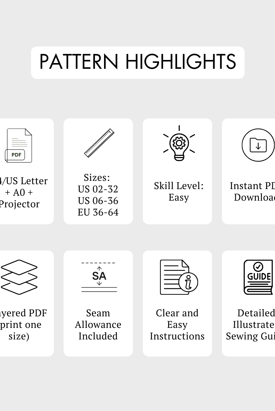 Pattern highlights for Romy reversible jacket PDF sewing pattern, including sizes 0-32, easy skill level, and layered A4/US Letter and projector formats.