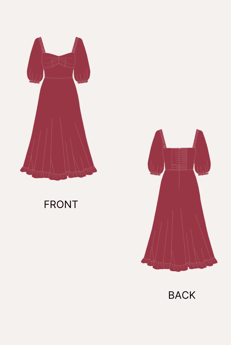 Dress front and back illustration for sewing pattern