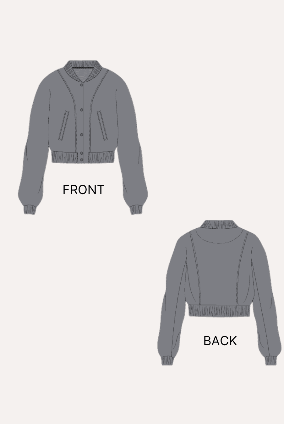 Illustration of women's bomber jacket 'Raya' with front and back views, showing ribbed collar, cuffs, waistband, and fitted silhouette