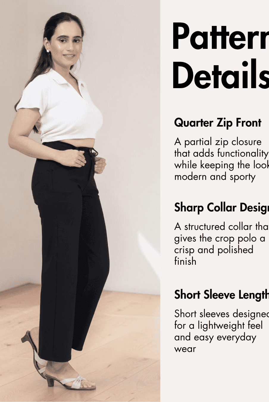 Women's crop polo shirt sewing pattern 'Echo' with sharp collar and quarter zip