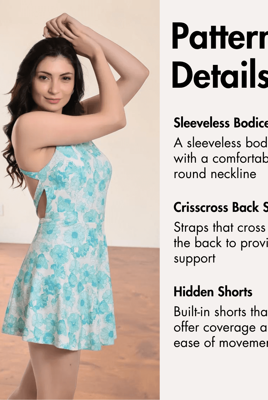Model wearing blue floral sleeveless swim dress with crisscross back